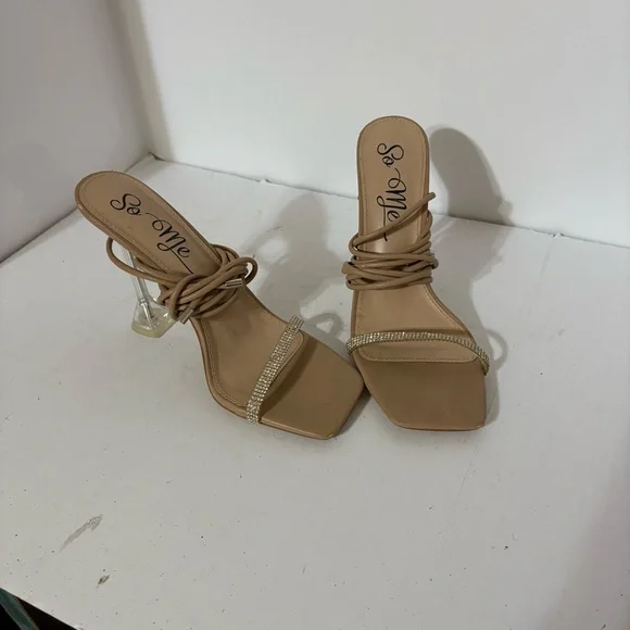 So Me Beige Strappy Heels with Rhinestones - Picture 3 of 7